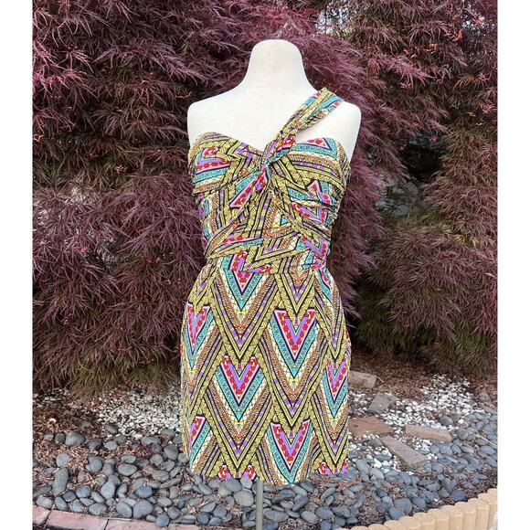Mara Hoffman One Shoulder Twist Mini Dress Geometric Pattern 100% Silk Size 10 - Picture 1 of 6